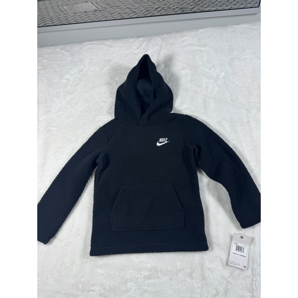 Nike Sherpa Pullover Hoodie Boys Black Size 6 Fleece Logo 86K380-023
